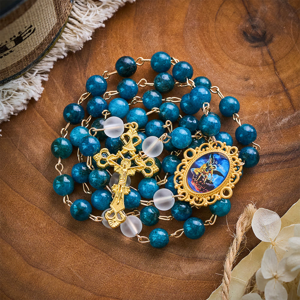 Solacebeads Blue Apatite &amp; White Frosted Stone Rosary With Crucifix: St. Michael&
