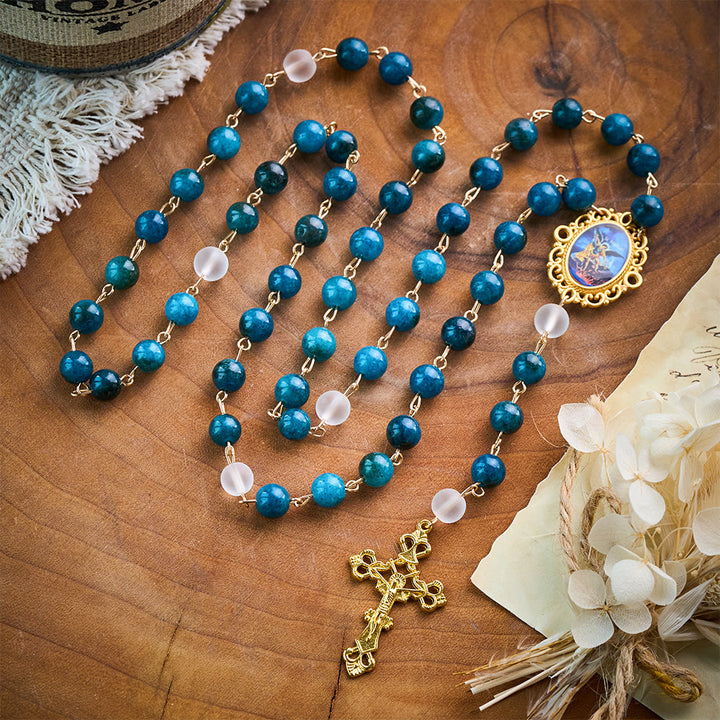 Solacebeads Blue Apatite &amp; White Frosted Stone Rosary With Crucifix: St. Michael&