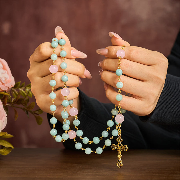SolaceBeads Jadeite &amp; Pink Bead Divine Rosary: Sacred Symbols of Grace &amp; Devotion - image 1