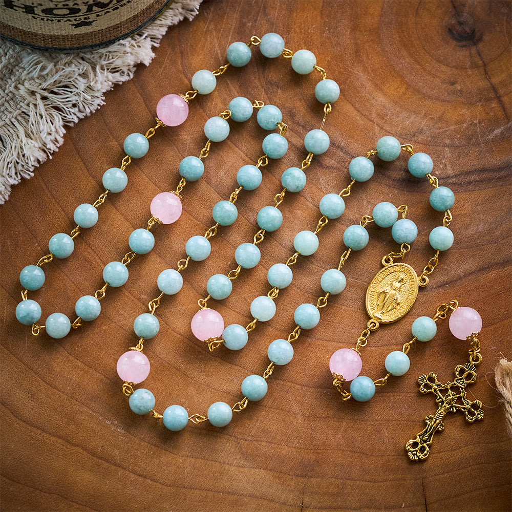 SolaceBeads Jadeite & Pink Bead Divine Rosary: Sacred Symbols of Grace & Devotion - Jade Green & Pink - image 0