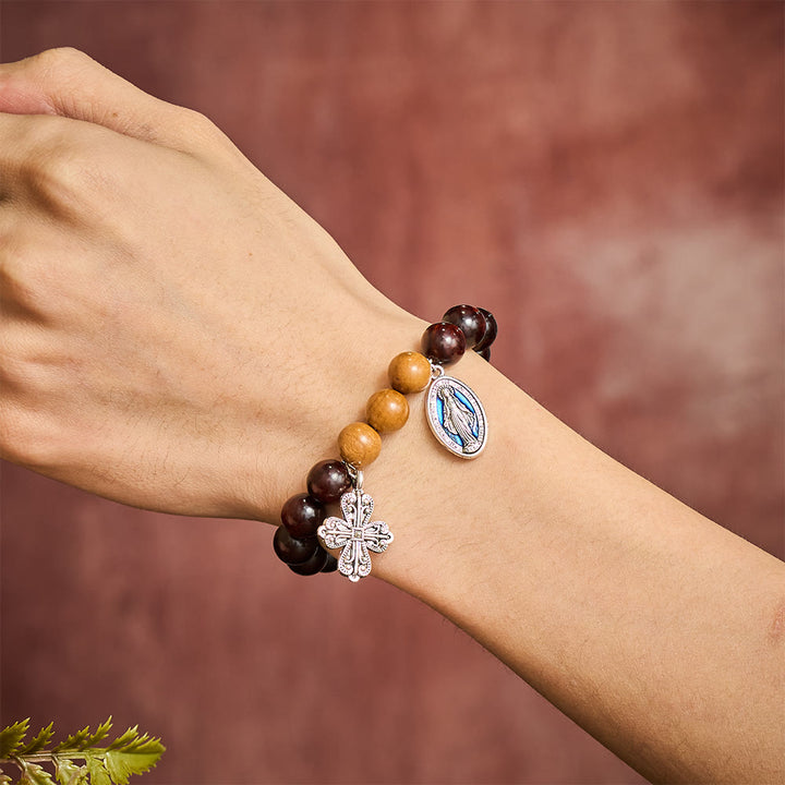 Solacebeads Sandalwood &amp; Peach Wood Bracelet With Miraculous Medal &amp; Cross: Peace in Natural Grain - image 1