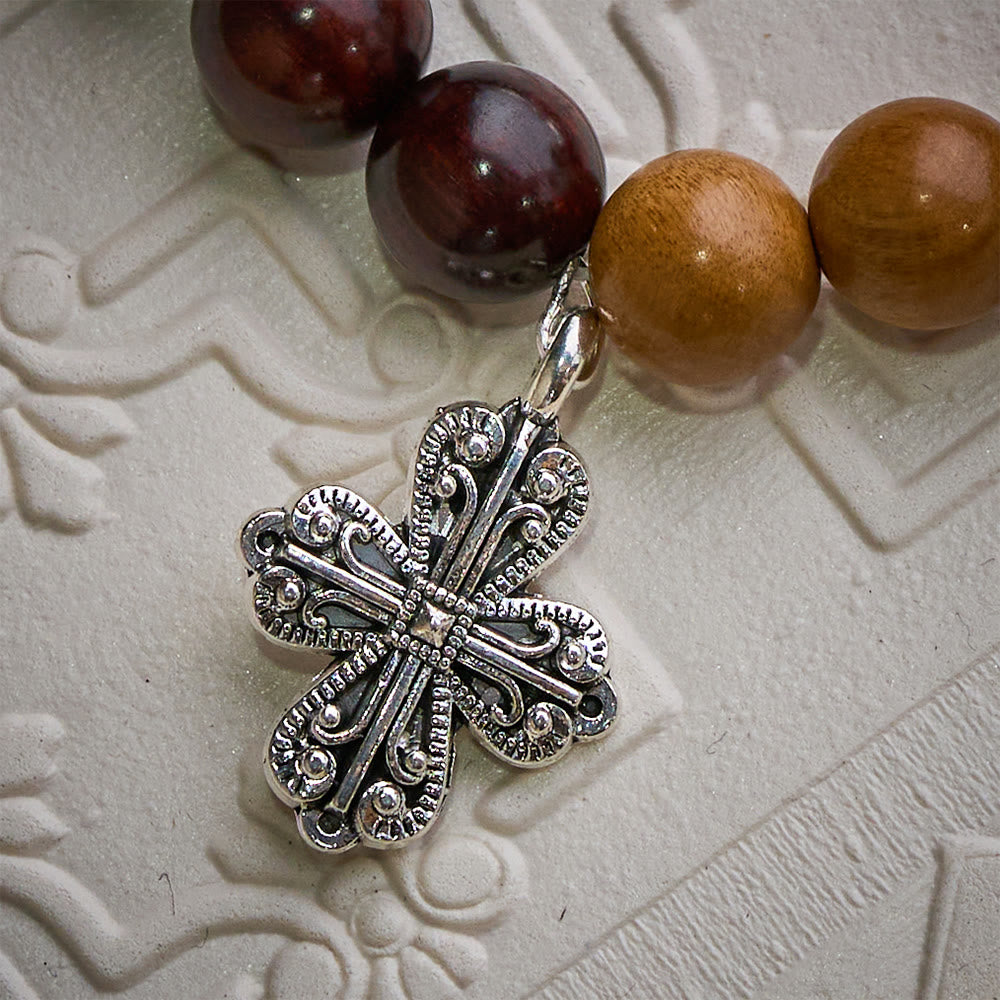 Solacebeads Sandalwood &amp; Peach Wood Bracelet With Miraculous Medal &amp; Cross: Peace in Natural Grain - image 3