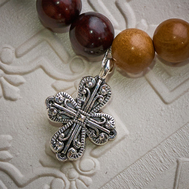 Solacebeads Sandalwood &amp; Peach Wood Bracelet With Miraculous Medal &amp; Cross: Peace in Natural Grain - image 3