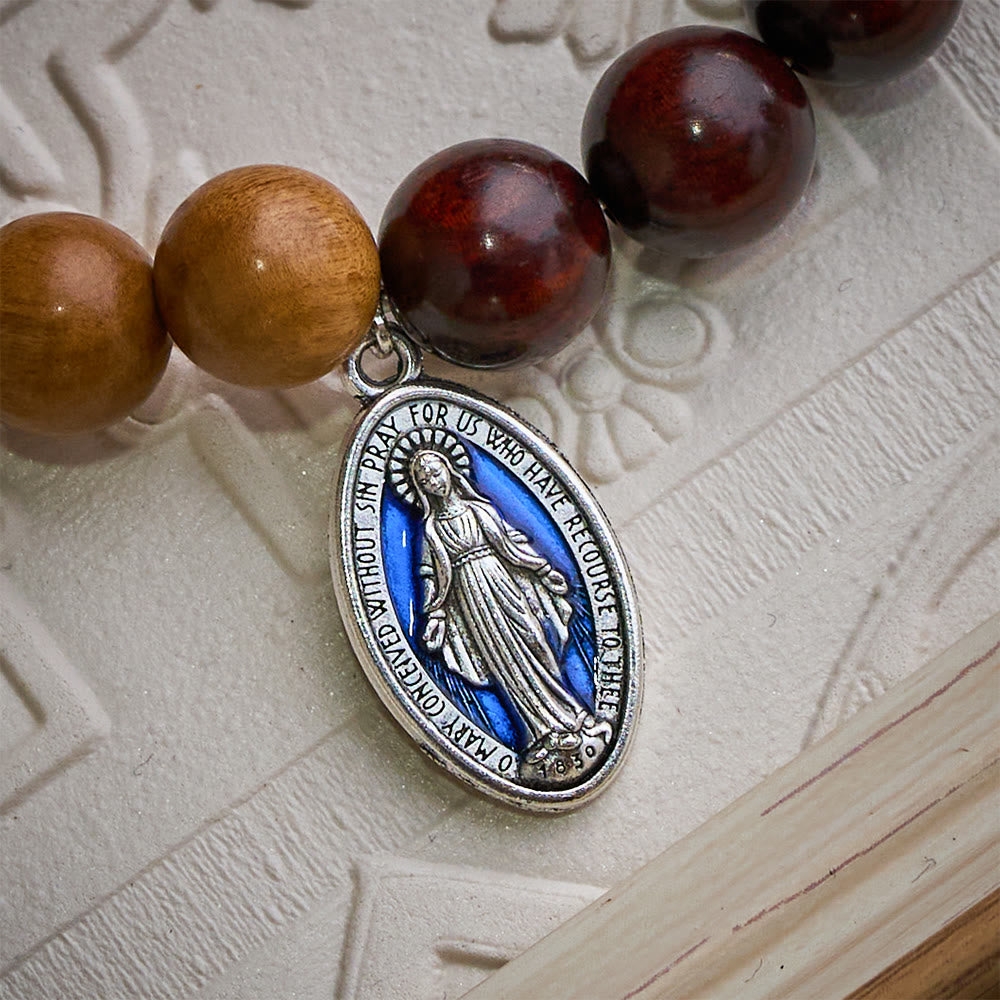 Solacebeads Sandalwood &amp; Peach Wood Bracelet With Miraculous Medal &amp; Cross: Peace in Natural Grain - image 4