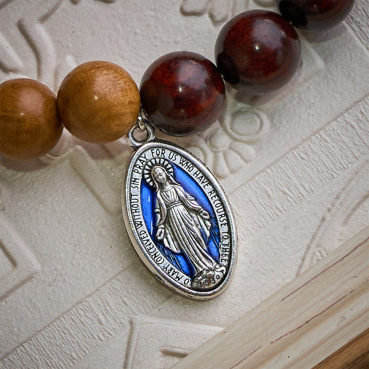 Solacebeads Sandalwood &amp; Peach Wood Bracelet With Miraculous Medal &amp; Cross: Peace in Natural Grain - image 4