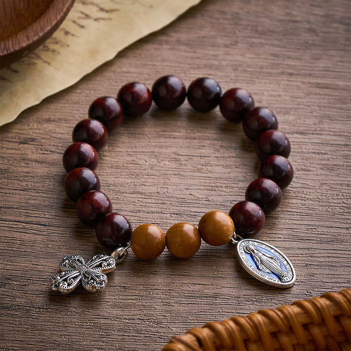 Solacebeads Sandalwood &amp; Peach Wood Bracelet With Miraculous Medal &amp; Cross: Peace in Natural Grain - image 6