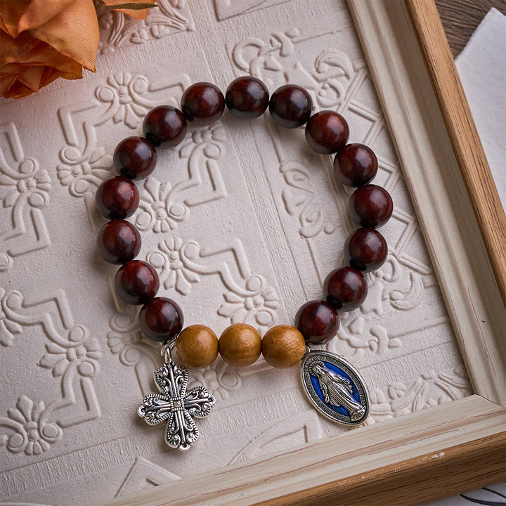 Solacebeads Sandalwood &amp; Peach Wood Bracelet With Miraculous Medal &amp; Cross: Peace in Natural Grain - image 5