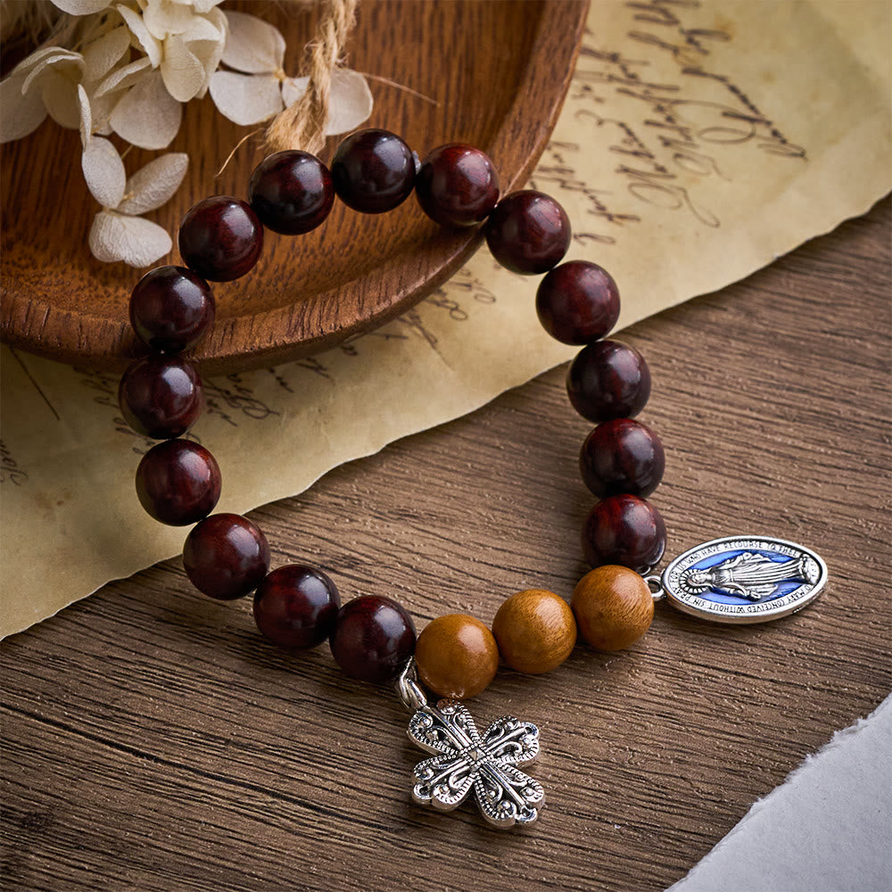 Solacebeads Sandalwood & Peach Wood Bracelet With Miraculous Medal & Cross: Peace in Natural Grain - Sandalwood & Peach Wood - image 0