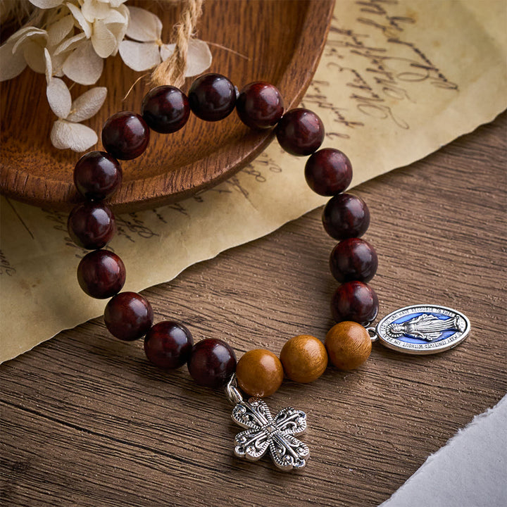 Solacebeads Sandalwood &amp; Peach Wood Bracelet With Miraculous Medal &amp; Cross: Peace in Natural Grain - Sandalwood &amp; Peach Wood - image 0