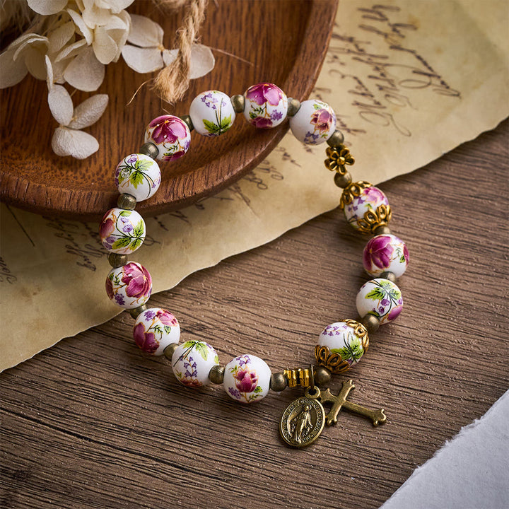 SolaceBeads Floral Ceramic Rosary Bracelet: A Bloom of Grace in Every Bead - Pink-Purple &amp; Floral - image 0