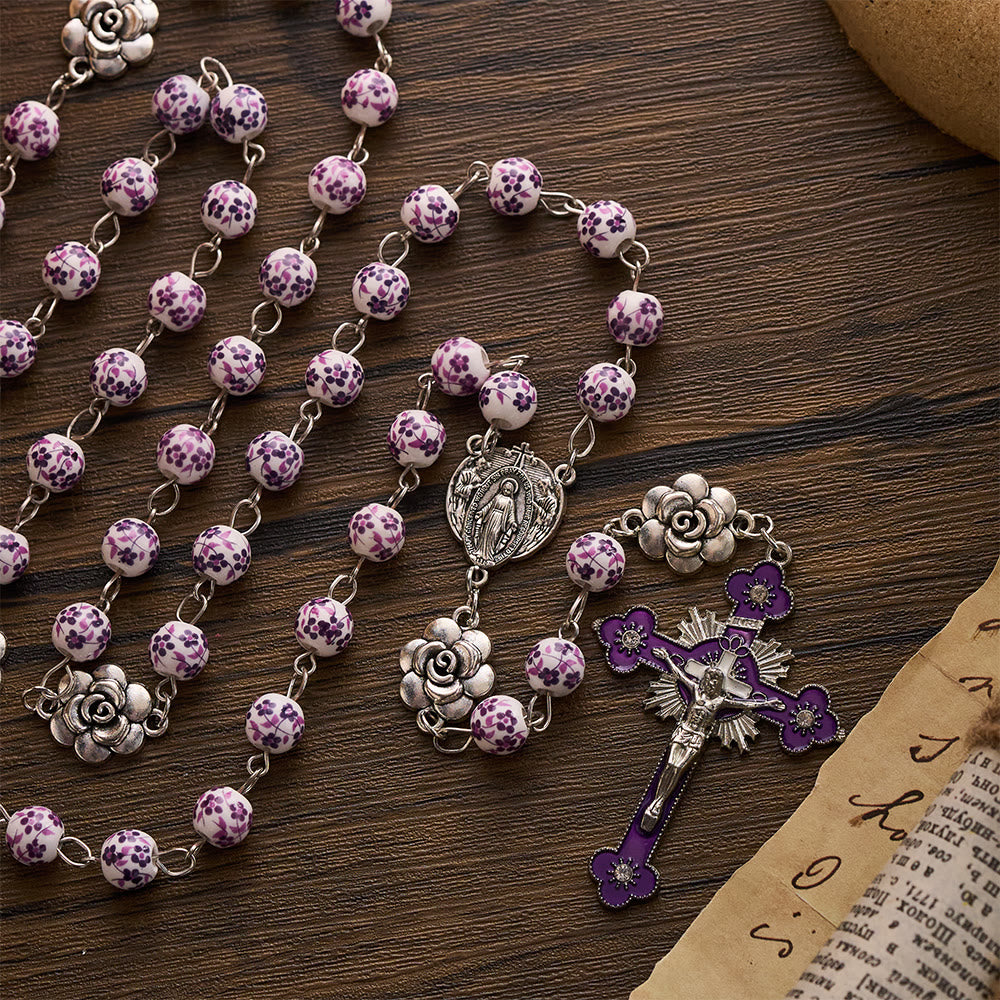 SolaceBeads Violet Blossom Ceramic Rosary: A Tapestry of Divine Grace - Purple Flowers - image 0