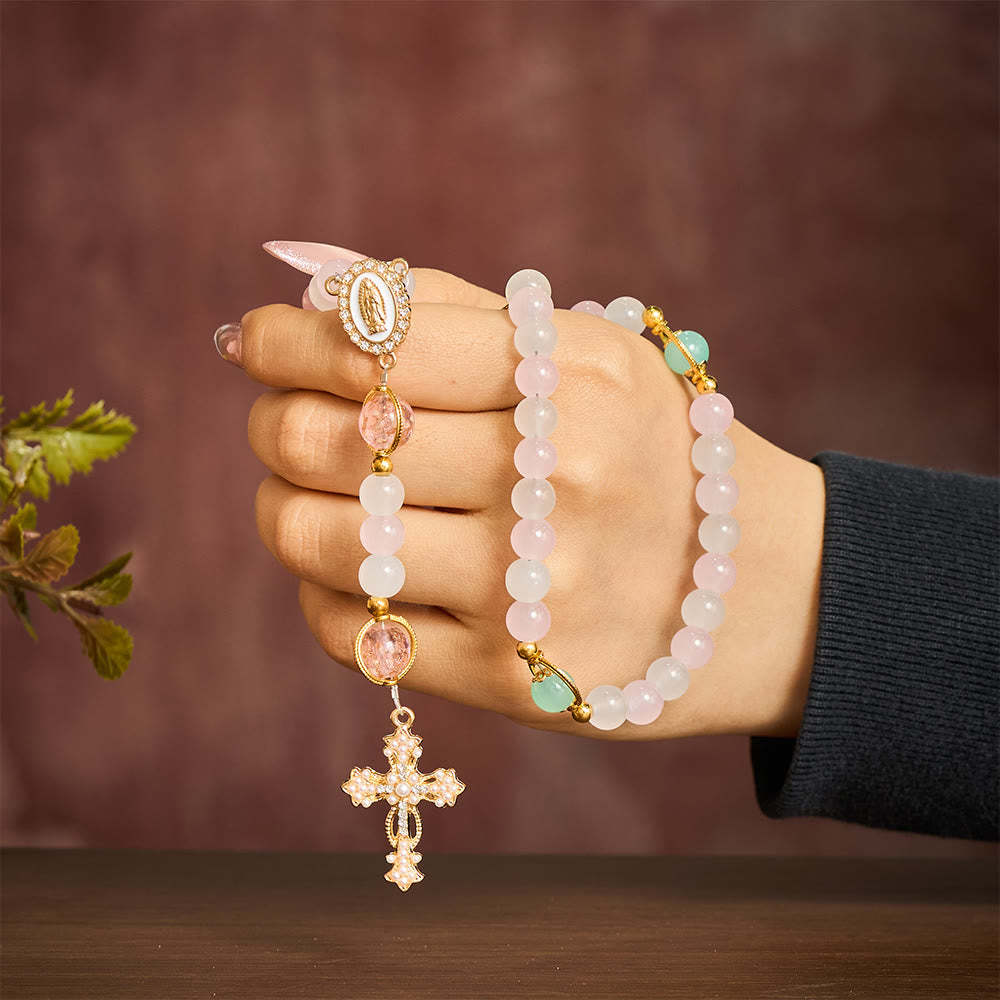 SolaceBeads Artistic Pink &amp; White Beaded Rosary: A Fusion of Colors &amp; Sacred Symbols - image 1