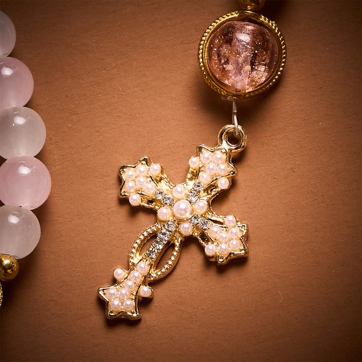 SolaceBeads Artistic Pink &amp; White Beaded Rosary: A Fusion of Colors &amp; Sacred Symbols - image 5