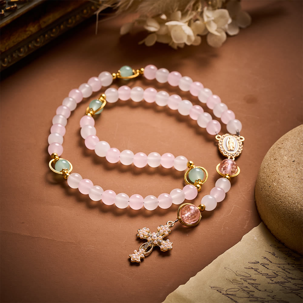 SolaceBeads Artistic Pink &amp; White Beaded Rosary: A Fusion of Colors &amp; Sacred Symbols - image 2