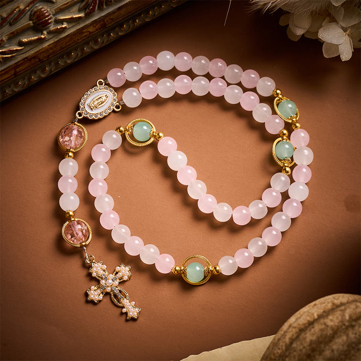 SolaceBeads Artistic Pink &amp; White Beaded Rosary: A Fusion of Colors &amp; Sacred Symbols - Pink &amp; Jade White &amp; Green - image 0