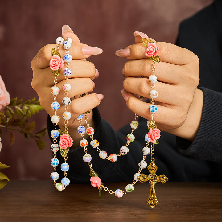 SolaceBeads Vintage Mixed Floral Ceramic Rosary With Guadalupe &amp; Crucifix: Timeless Garden - image 1