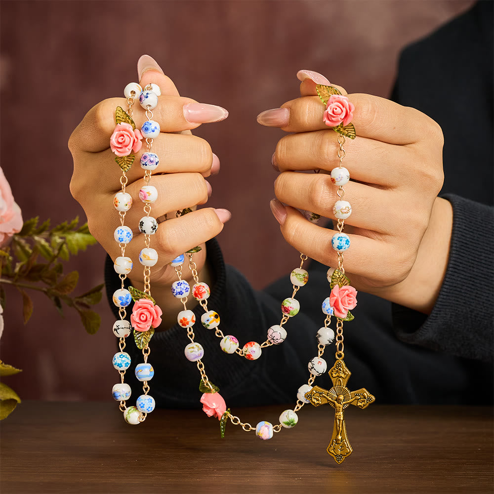 SolaceBeads Vintage Mixed Floral Ceramic Rosary with Guadalupe