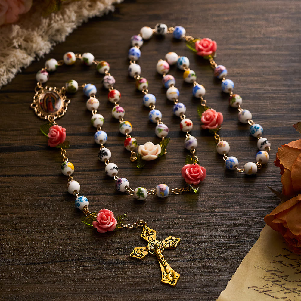 SolaceBeads Vintage Mixed Floral Ceramic Rosary With Guadalupe &amp; Crucifix: Timeless Garden - image 6