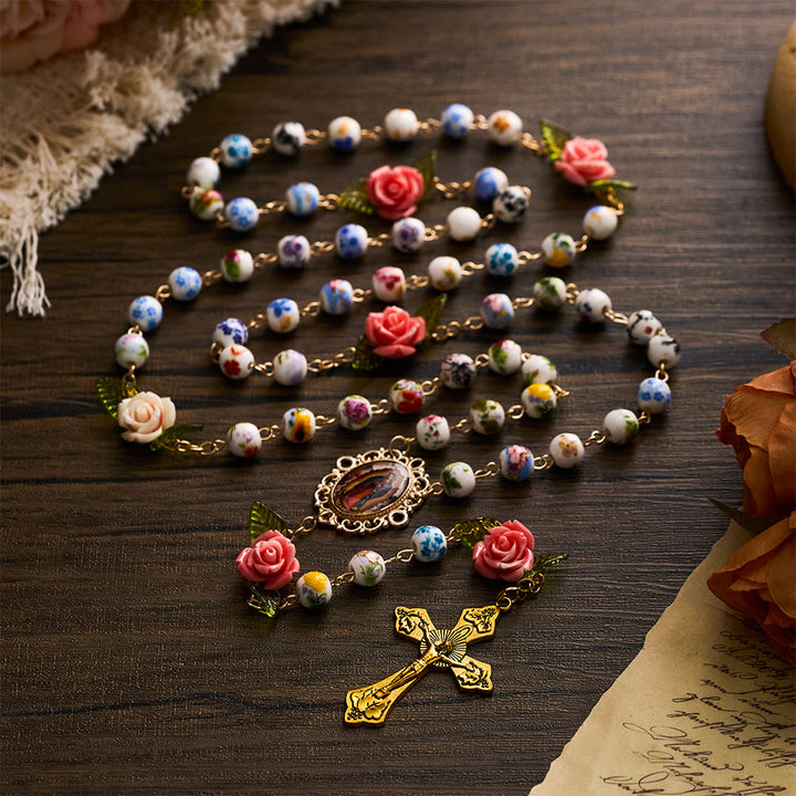 SolaceBeads Vintage Mixed Floral Ceramic Rosary With Guadalupe &amp; Crucifix: Timeless Garden - image 7