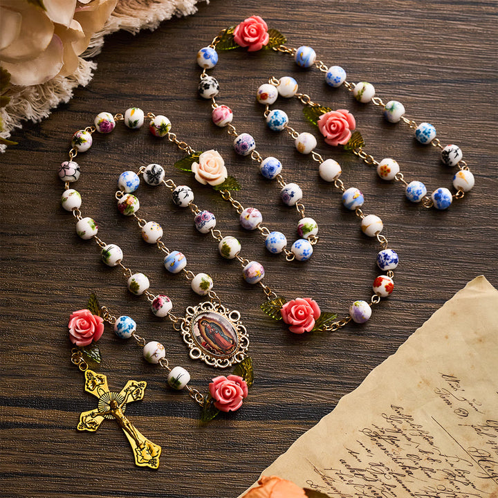 SolaceBeads Vintage Mixed Floral Ceramic Rosary With Guadalupe &amp; Crucifix: Timeless Garden - image 8
