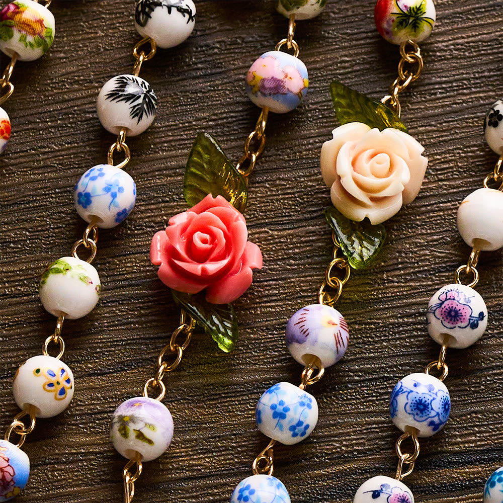 SolaceBeads Vintage Mixed Floral Ceramic Rosary With Guadalupe &amp; Crucifix: Timeless Garden - image 3