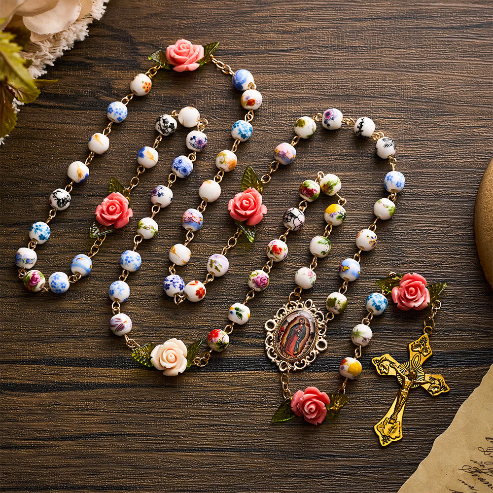 SolaceBeads Vintage Mixed Floral Ceramic Rosary With Guadalupe &amp; Crucifix: Timeless Garden - image 5
