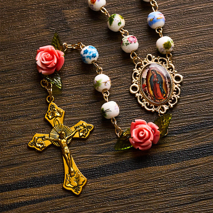 SolaceBeads Vintage Mixed Floral Ceramic Rosary With Guadalupe &amp; Crucifix: Timeless Garden - image 2
