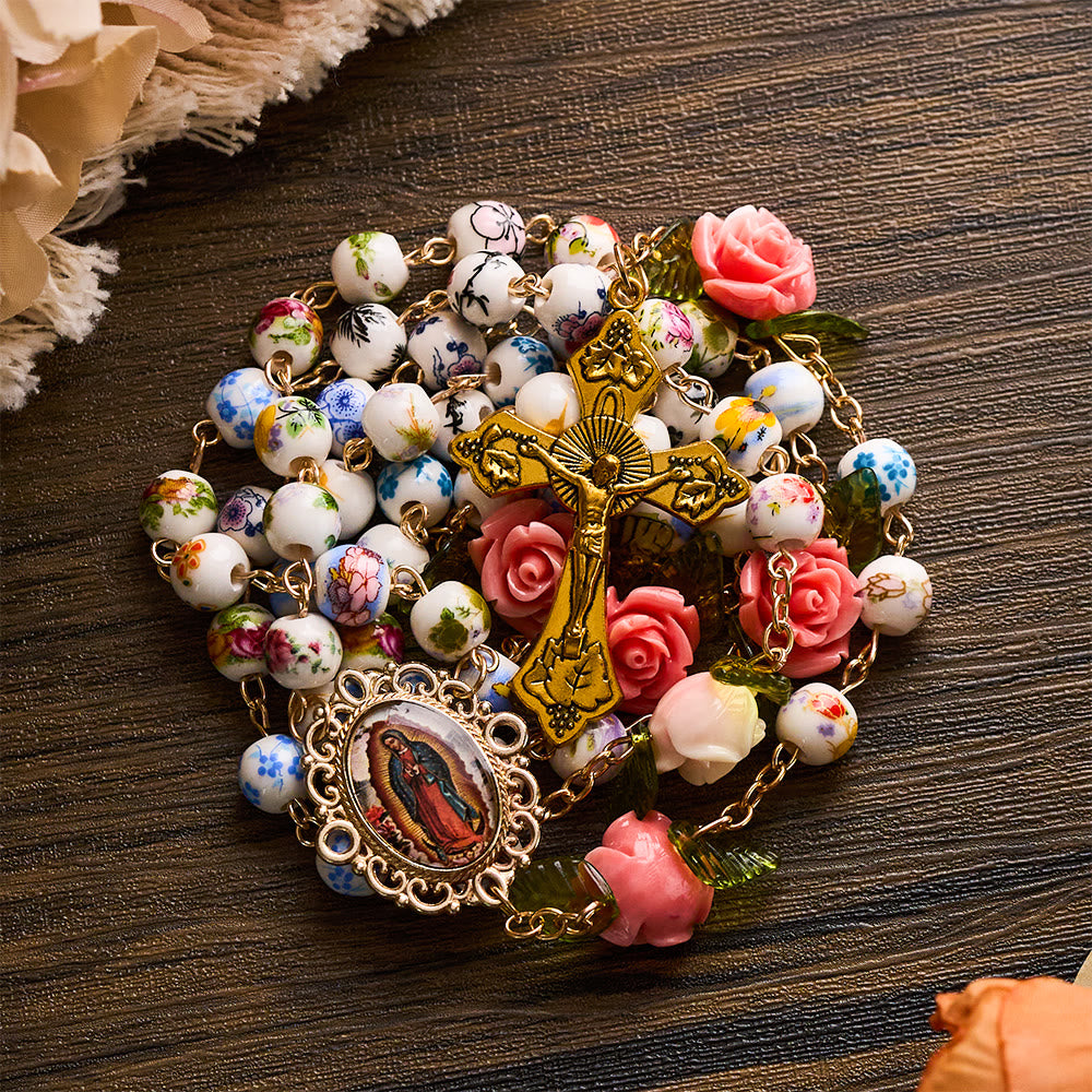 SolaceBeads Vintage Mixed Floral Ceramic Rosary With Guadalupe &amp; Crucifix: Timeless Garden - image 4