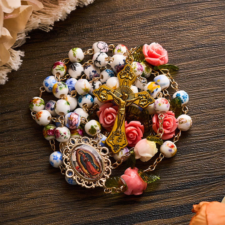 SolaceBeads Vintage Mixed Floral Ceramic Rosary With Guadalupe &amp; Crucifix: Timeless Garden - image 4