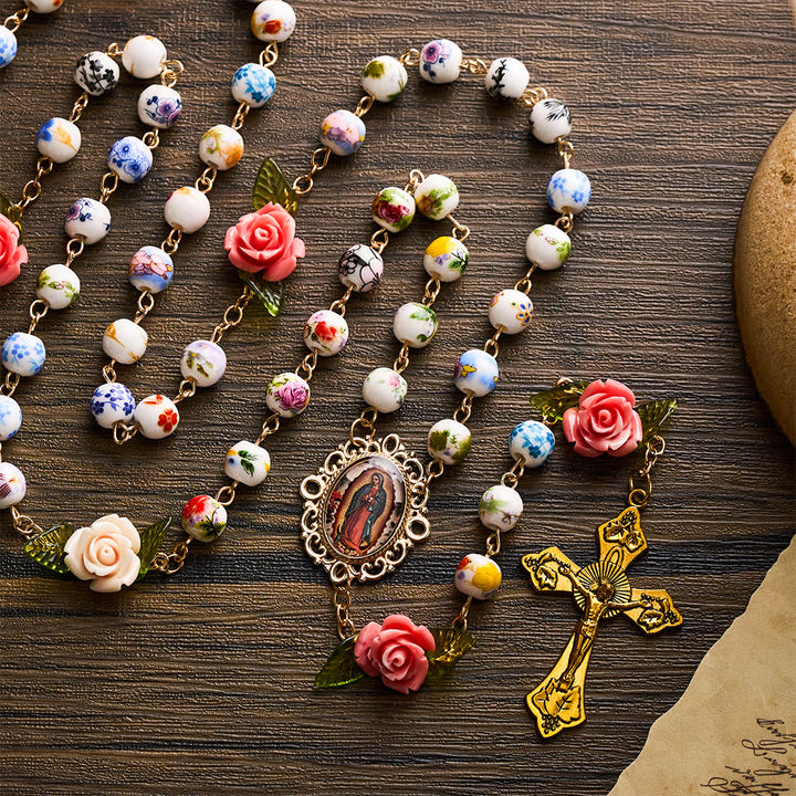 SolaceBeads Vintage Mixed Floral Ceramic Rosary With Guadalupe &amp; Crucifix: Timeless Garden - Multicolor Flowers - image 0