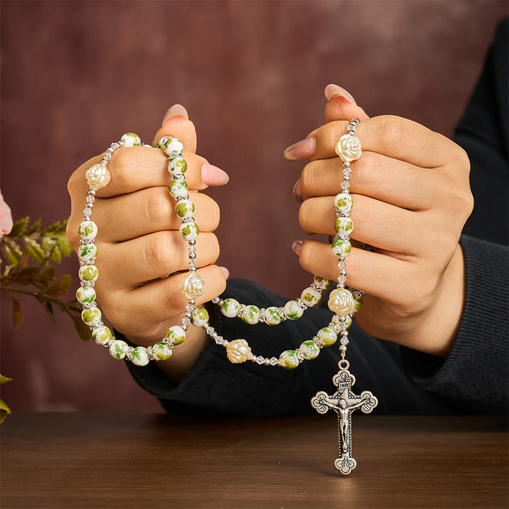 SolaceBeads Green Floral Ceramic Rosary with Rose Beads, Praying Hands &amp; Cross Charms - image 1