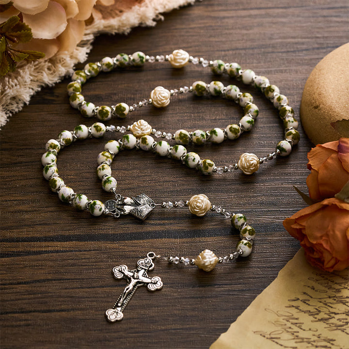 SolaceBeads Green Floral Ceramic Rosary with Rose Beads, Praying Hands &amp; Cross Charms - image 2