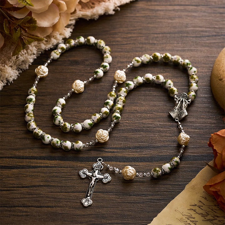 SolaceBeads Green Floral Ceramic Rosary with Rose Beads, Praying Hands &amp; Cross Charms - image 4