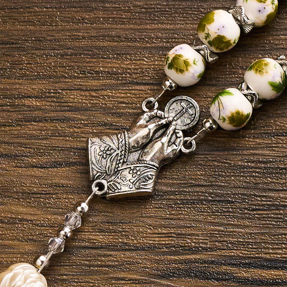 SolaceBeads Green Floral Ceramic Rosary with Rose Beads, Praying Hands &amp; Cross Charms - image 6