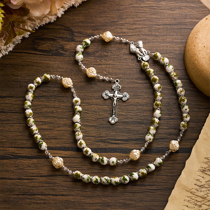 SolaceBeads Green Floral Ceramic Rosary with Rose Beads, Praying Hands &amp; Cross Charms - image 10