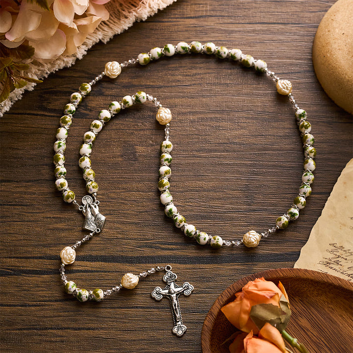 SolaceBeads Green Floral Ceramic Rosary with Rose Beads, Praying Hands &amp; Cross Charms - image 11