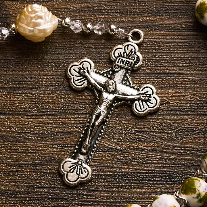 SolaceBeads Green Floral Ceramic Rosary with Rose Beads, Praying Hands &amp; Cross Charms - image 7