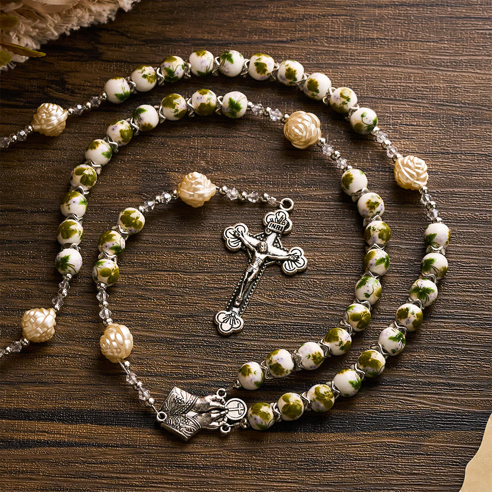 SolaceBeads Green Floral Ceramic Rosary with Rose Beads, Praying Hands &amp; Cross Charms - image 8
