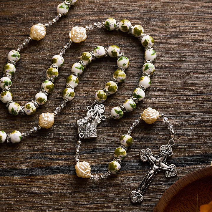 SolaceBeads Green Floral Ceramic Rosary with Rose Beads, Praying Hands &amp; Cross Charms - Green &amp; Floral - image 0
