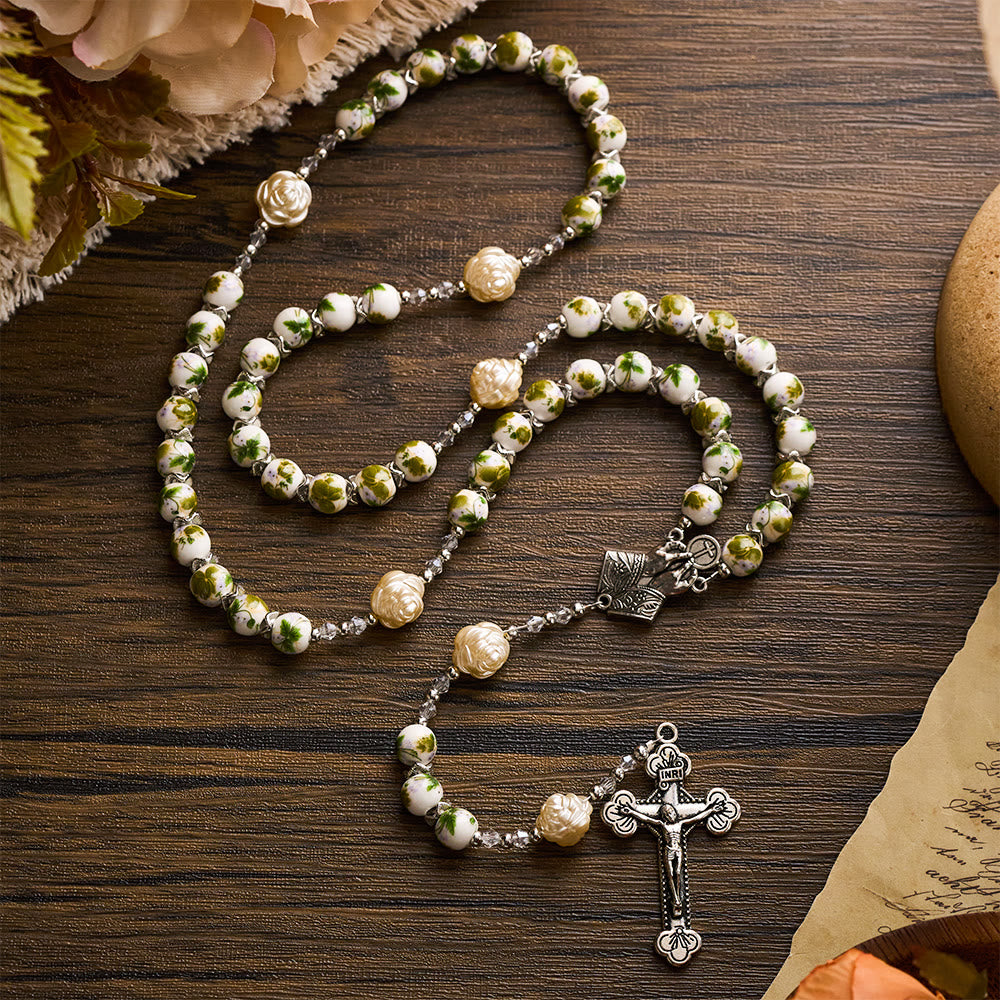 SolaceBeads Green Floral Ceramic Rosary with Rose Beads, Praying Hands &amp; Cross Charms - image 3