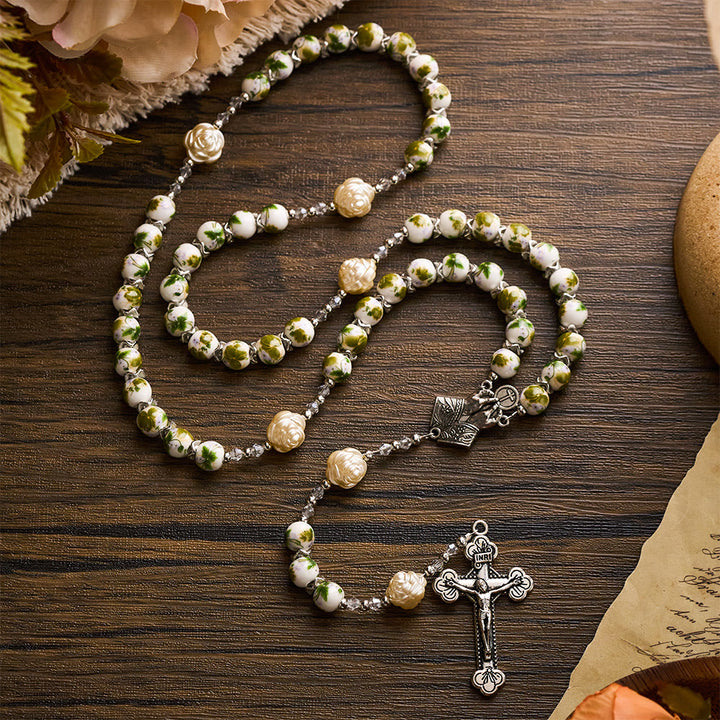 SolaceBeads Green Floral Ceramic Rosary with Rose Beads, Praying Hands &amp; Cross Charms - image 3