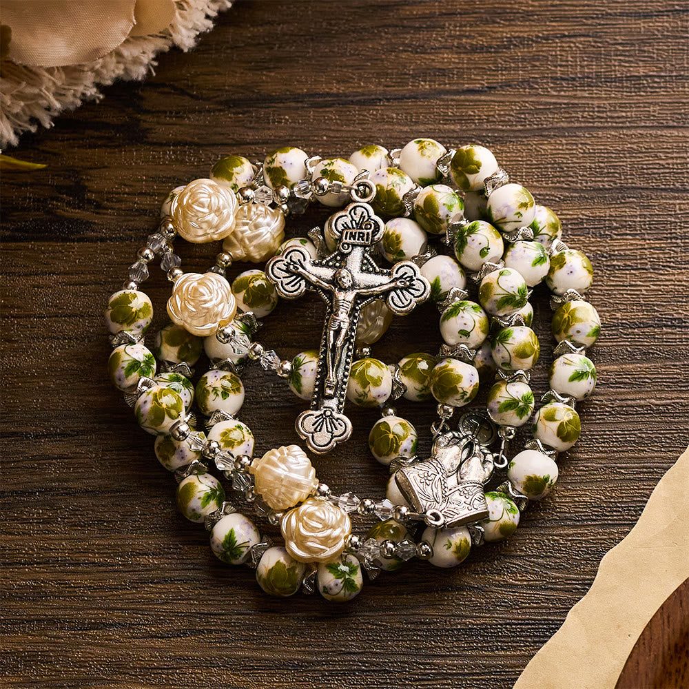 SolaceBeads Green Floral Ceramic Rosary with Rose Beads, Praying Hands &amp; Cross Charms - image 9