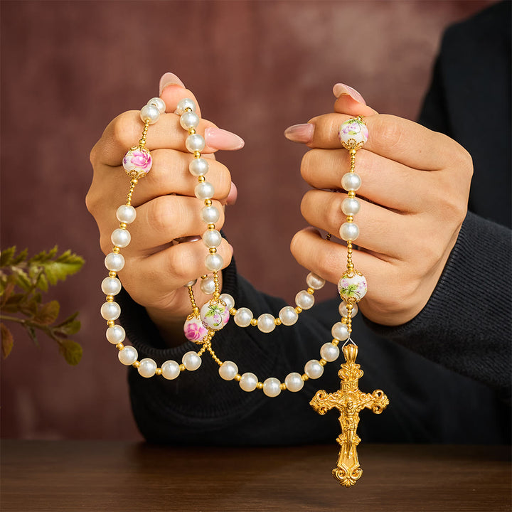 SolaceBeads White Pearls &amp; Pink Floral Ceramic Beads Rosary with Guadalupe: Petals of Grace - image 1