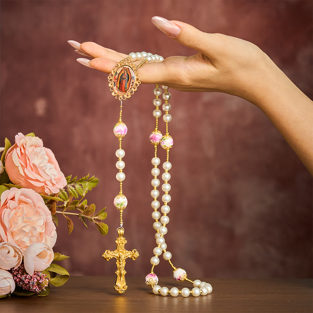 SolaceBeads White Pearls &amp; Pink Floral Ceramic Beads Rosary with Guadalupe: Petals of Grace - image 6