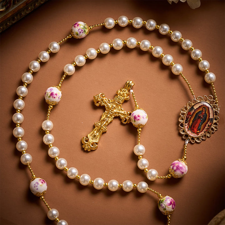 SolaceBeads White Pearls &amp; Pink Floral Ceramic Beads Rosary with Guadalupe: Petals of Grace - image 2