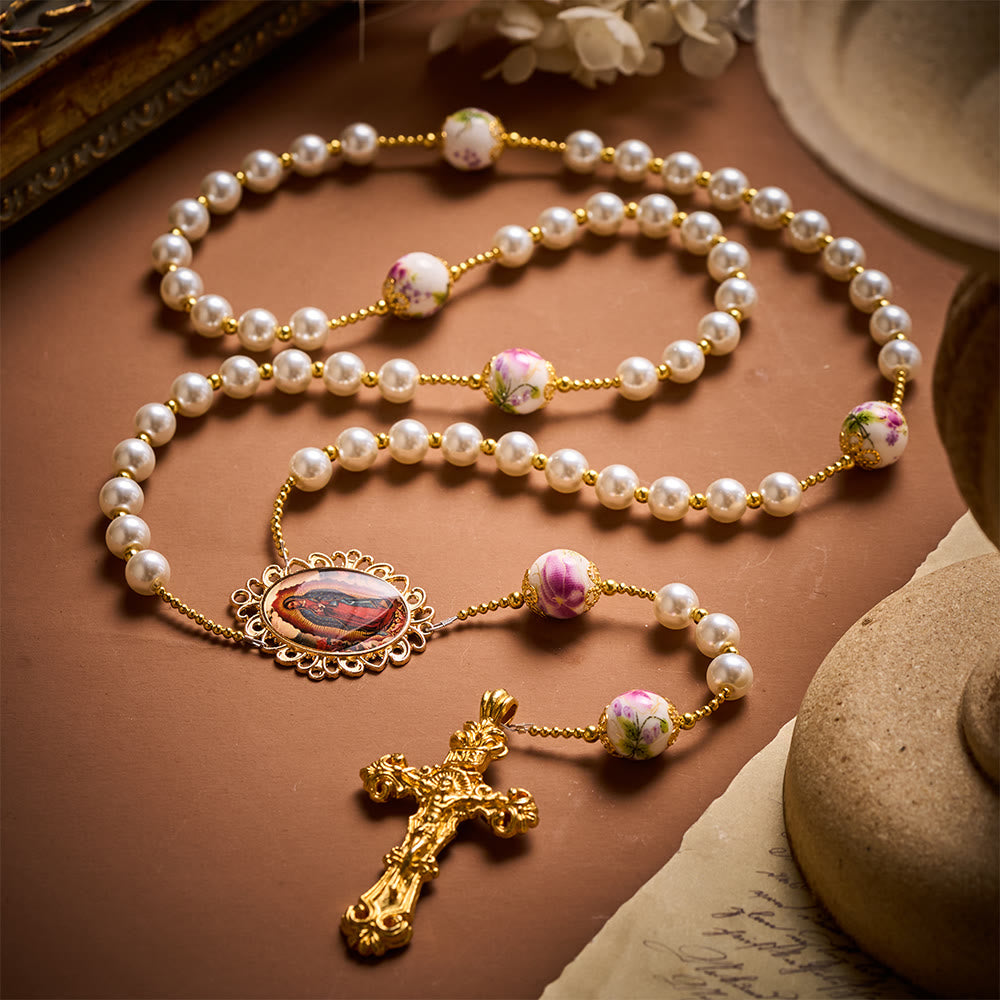 SolaceBeads White Pearls &amp; Pink Floral Ceramic Beads Rosary with Guadalupe: Petals of Grace - image 7