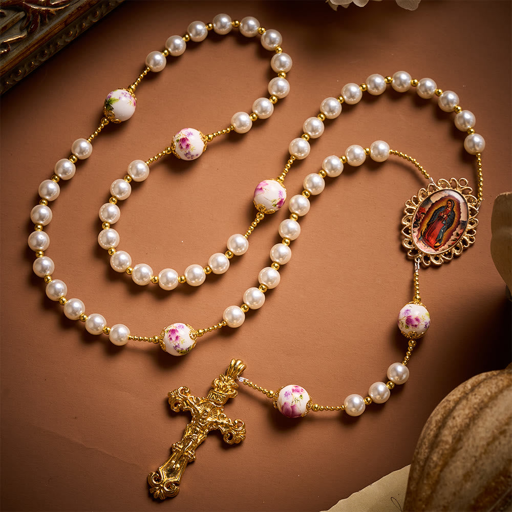SolaceBeads White Pearls &amp; Pink Floral Ceramic Beads Rosary with Guadalupe: Petals of Grace - image 9