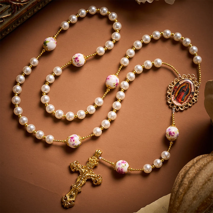 SolaceBeads White Pearls &amp; Pink Floral Ceramic Beads Rosary with Guadalupe: Petals of Grace - image 9