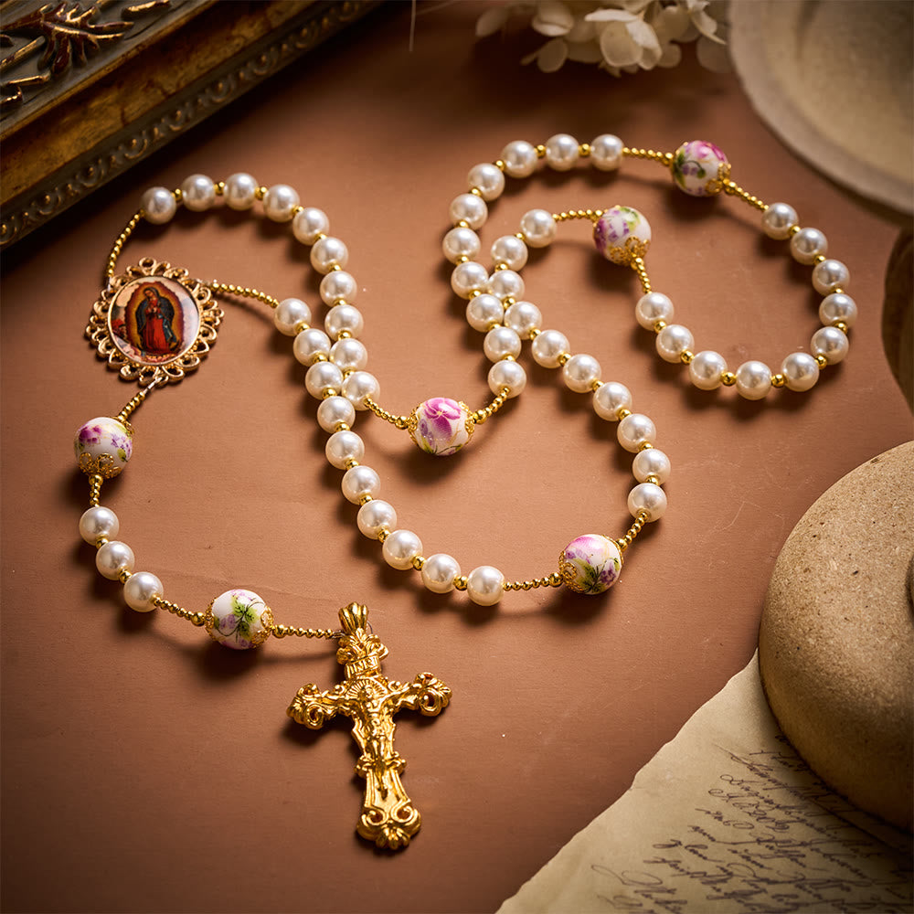 SolaceBeads White Pearls &amp; Pink Floral Ceramic Beads Rosary with Guadalupe: Petals of Grace - image 8