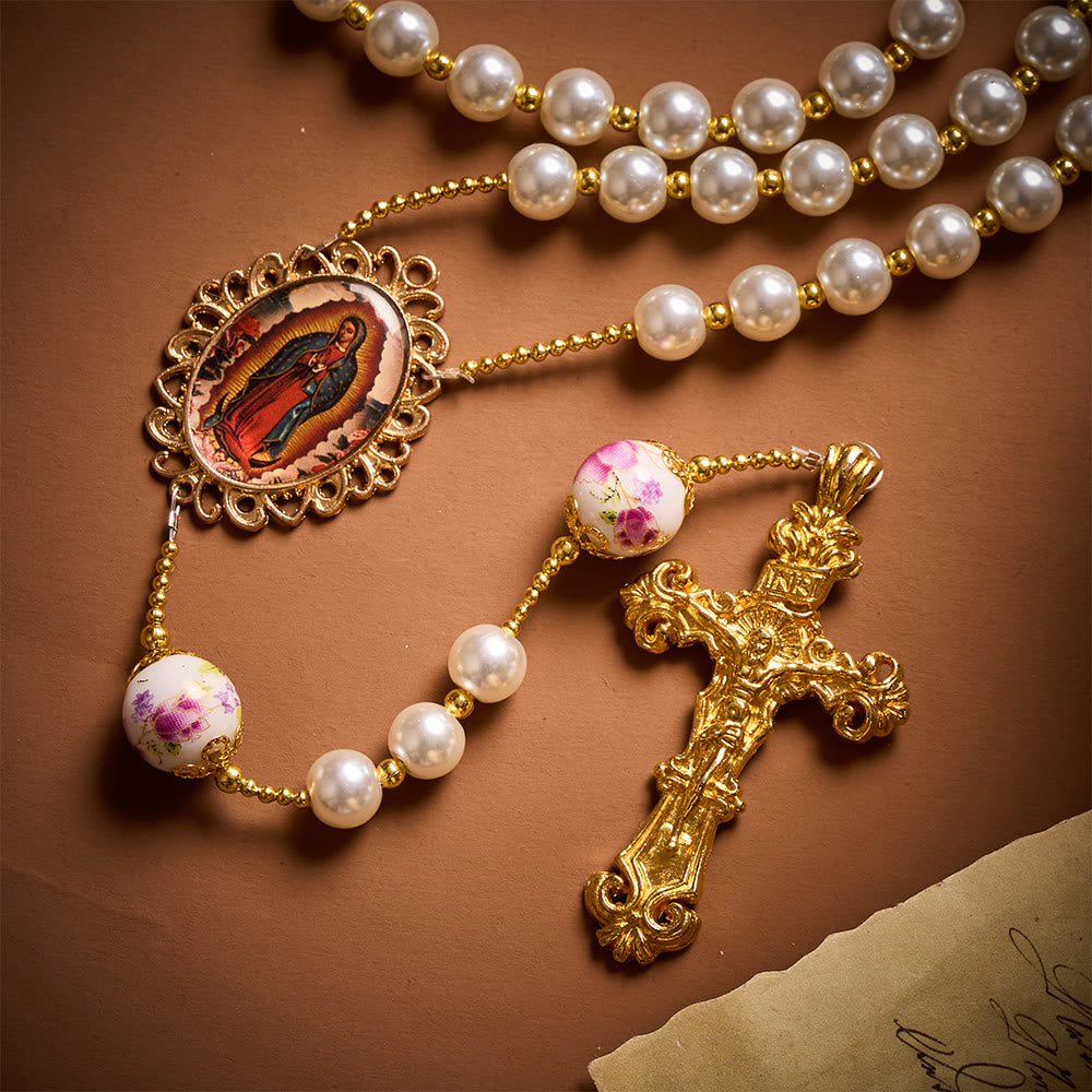 SolaceBeads White Pearls &amp; Pink Floral Ceramic Beads Rosary with Guadalupe: Petals of Grace - image 3